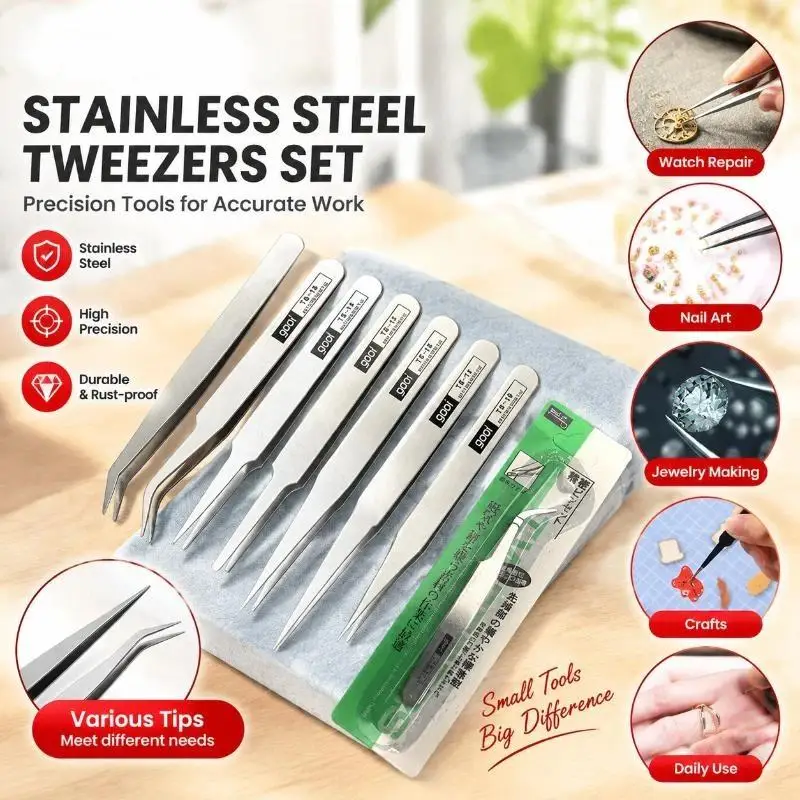 6Pcs Stainless Steel Precision Tweezers Kit Bent Straight Tips Industrial Repair Tool Set for Detailed Work