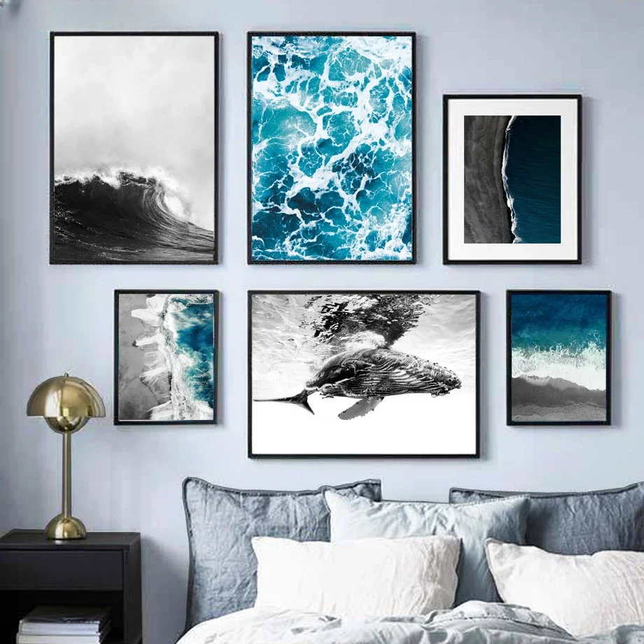 1pc frameless Canvas Painting (No frame)(2D canvas painting)  Canvas Painting Nordic Posters And Prints Blue Sea Black White Wav