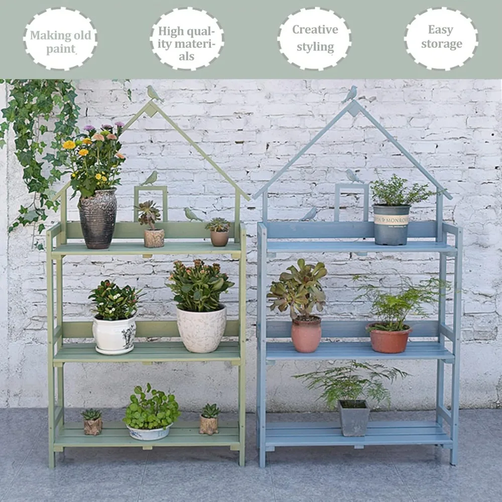 3-Tier Step Plant Shelves, Garden Potting Bench Table, Outdoor Garden Patio Storage Cabinet, Workstation Shed with Tabletop