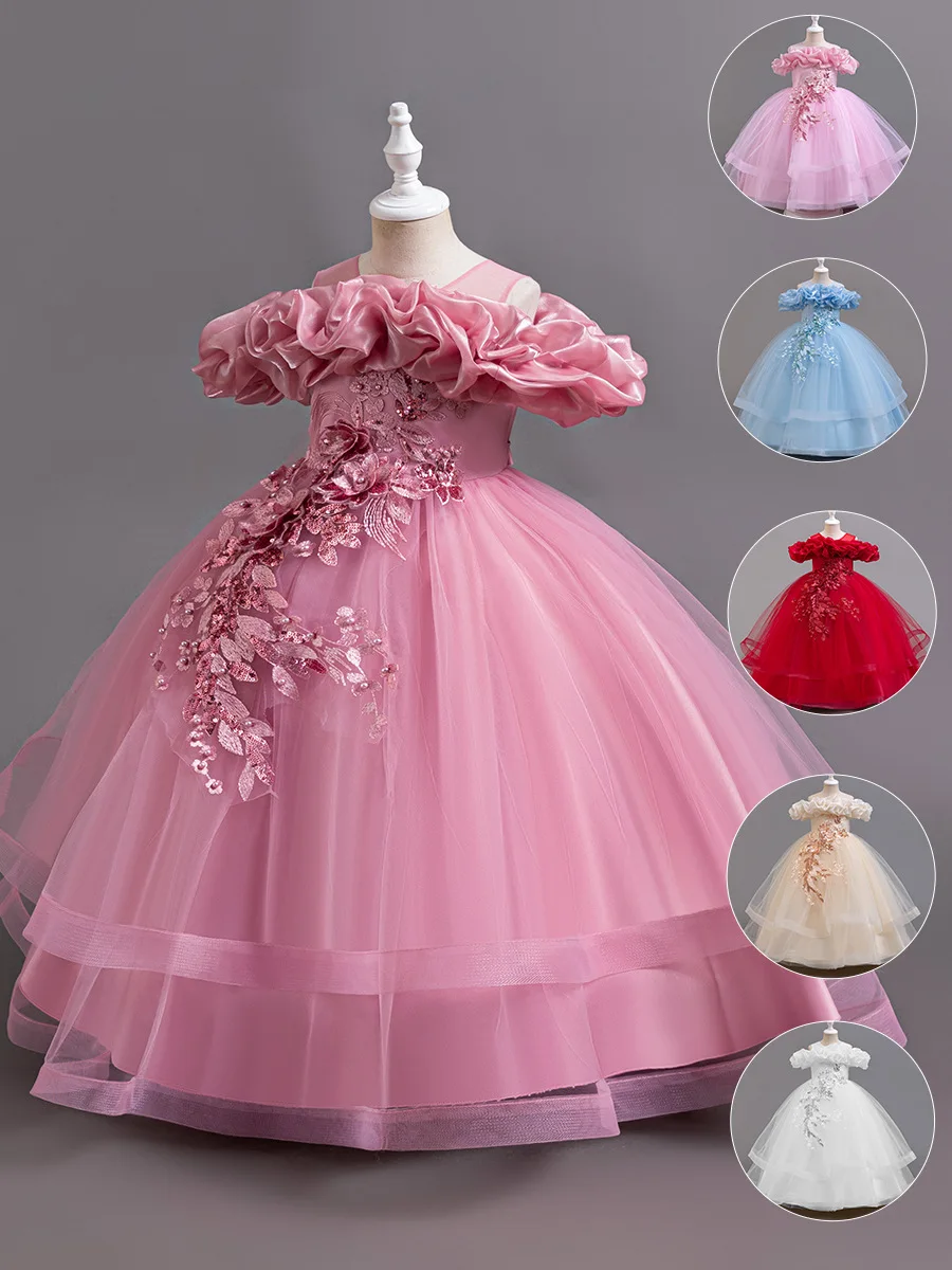 Beautiful Princess Ball Gown Girls' Formal Occasion Puff-Sleeve Dress Wedding, Birthday Party, Performance Gown