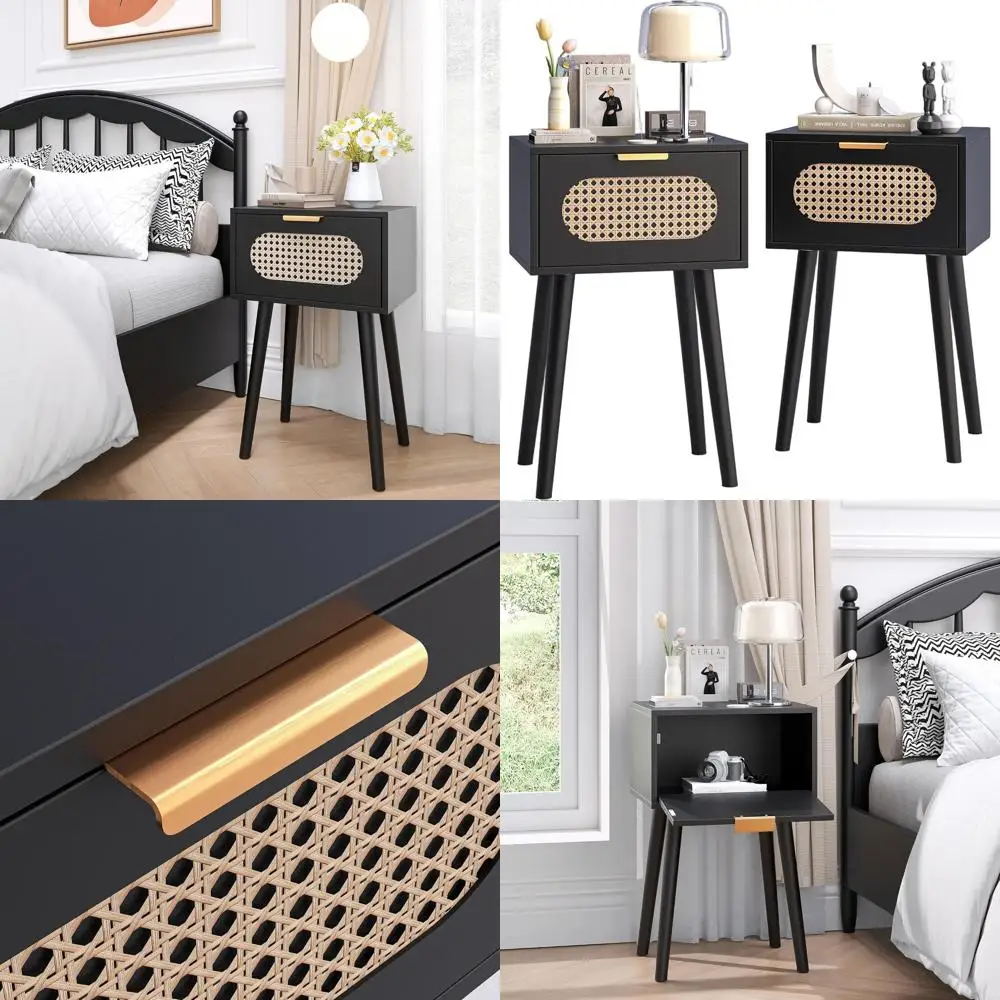 

Set of 2 Rattan Door Nightstands, Boho Style End Tables with Solid Wood Legs, Ideal for Bedroom or Living Room, Black