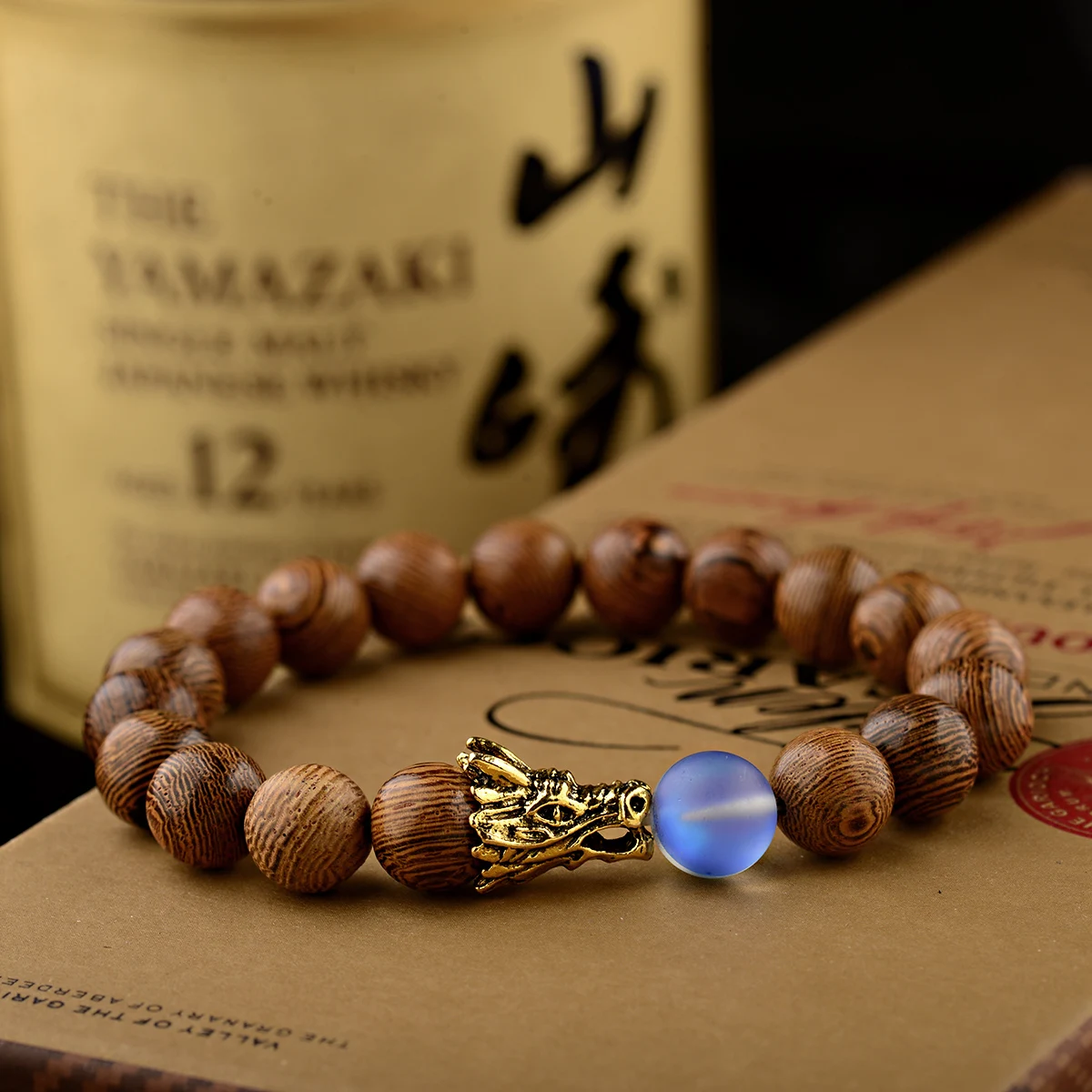 Vintage Gold Color Dragon Charm Bracelet Men Frosted Natural Stone 10mm Wooden Bead Bracelets Brave Health Luck Wealth Jewelry