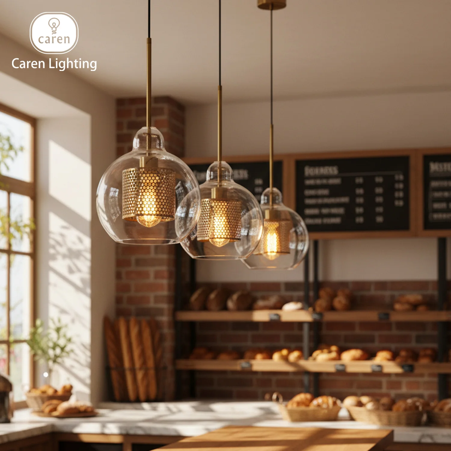 

Caren Lighting Clear Glass Cylindrical sphere metal mesh hexagon brass finish Pendant Light Industrial chandelier Vintage modern