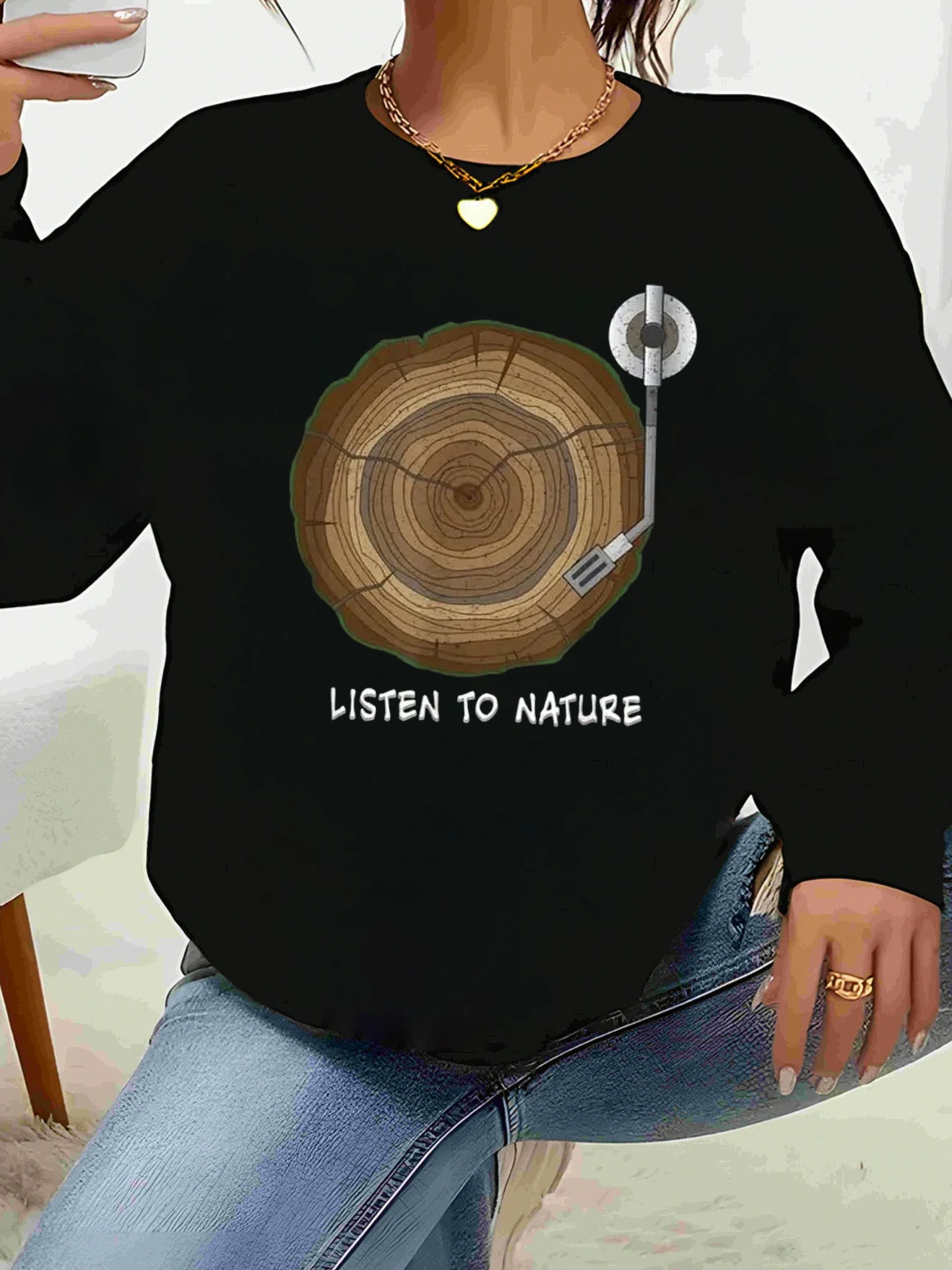 شجرة حلقة القرص الدوار الاستماع إلى الطبيعة طباعة البلوز الخريف لباس غير رسمي المرأة #1