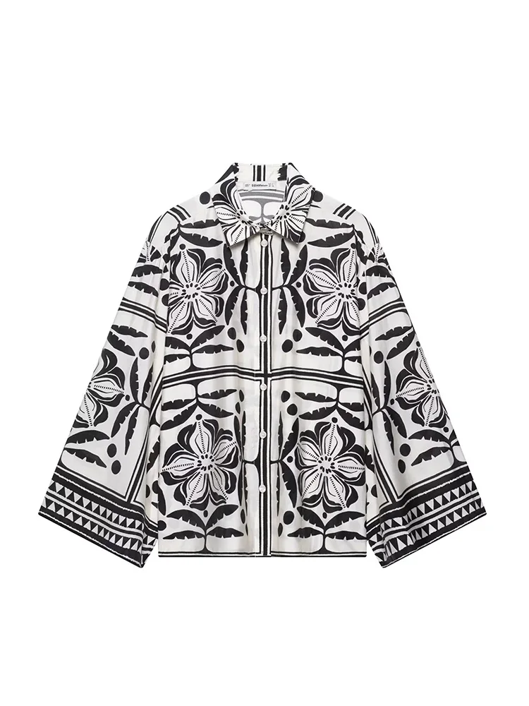 

KUCLUT Women Fashion Printed Single Breasted Blouse Vintage Lapel Neck Long Sleeves Female Chic Lady Shirts