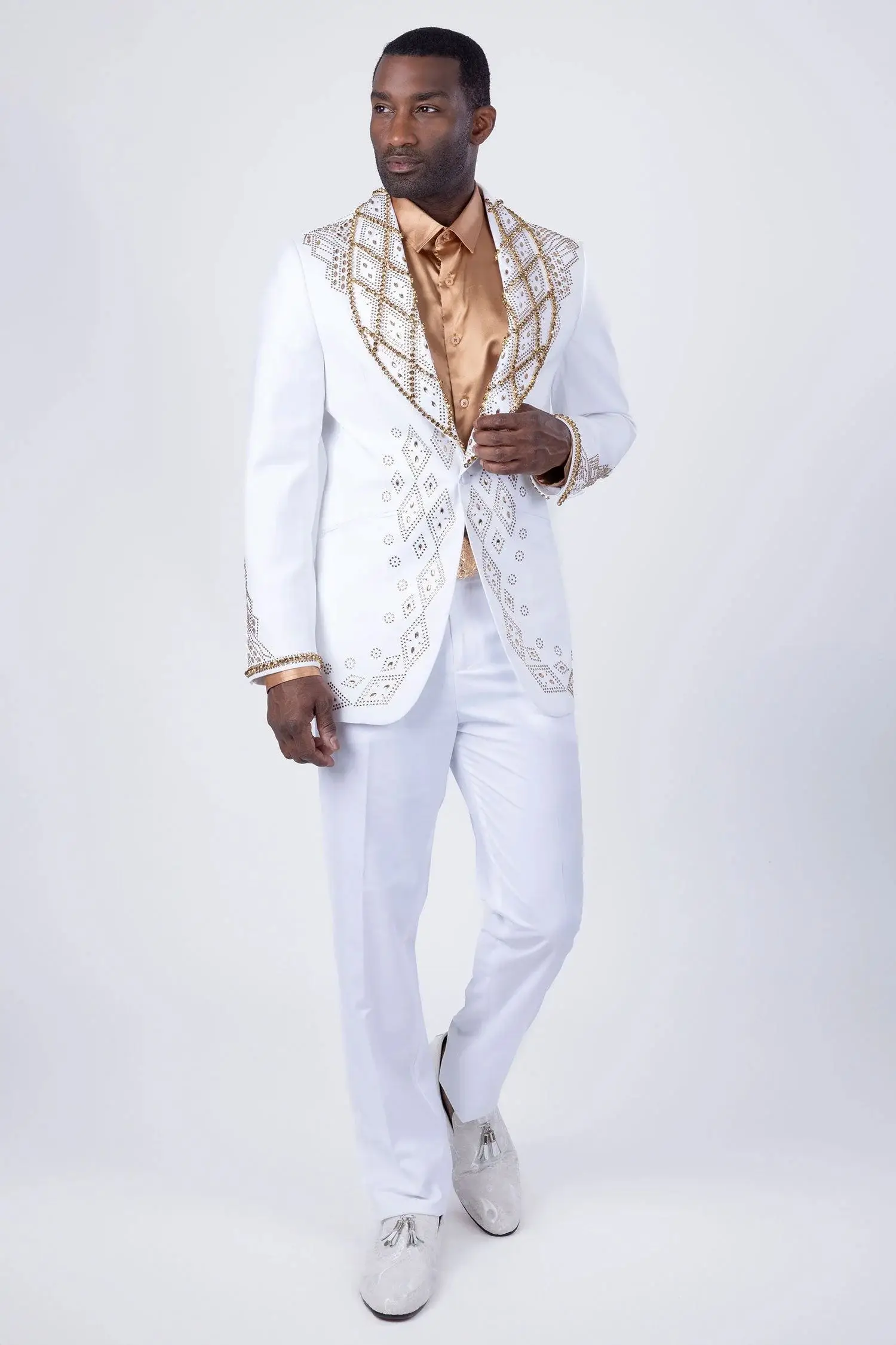

Formal Crystals Luxury White Men Suit Set 2 Pcs Blazer+Pants Trousers Wedding Tuxedo Business Office Jacket Prom Coat Customized