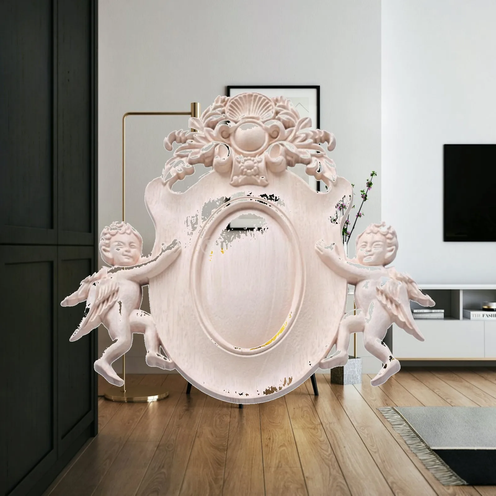 Solid Wood Carved Applique Door Panel Cherub Design Light Finish Ready to Paint for Cabinet Art Craft