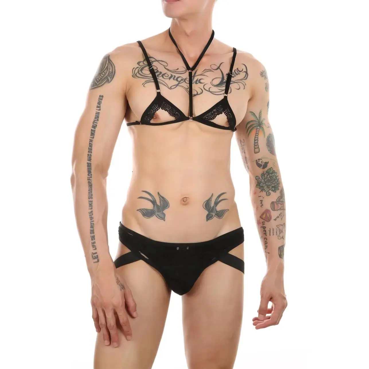 

Sexy Mens Lace Lingerie Underpants Exotic Open Bras Thong Sissy Nightwear Halter Neck Adjustable Straps Mini Bra Underwear Suit