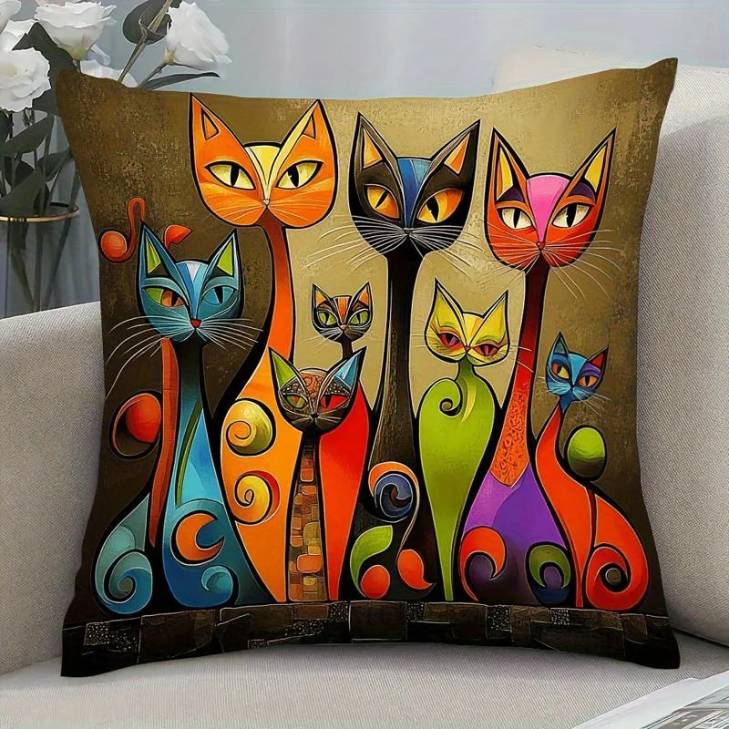1pc Abstract Art Style Colorful Cat Family Throw Pillow Cover,Suitable for Sofa,Bedroom,Living Room,Artistic Gift for Cat Lovers