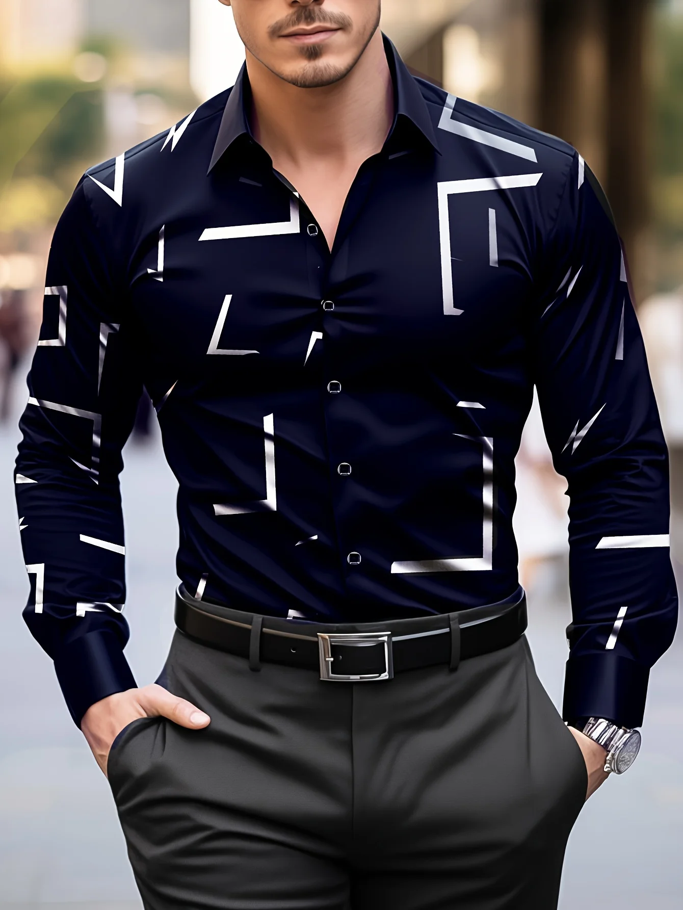 Fashion Men'S Casual Regular Fit Geometric Pattern Long Sleeve Solid Color Polyester Button Lapel Shirt,Non-Stretch Fabric