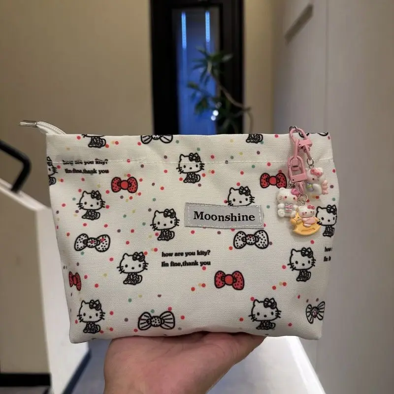 Nova onda dot olá kitty bolsa dos desenhos animados lona sacola de armazenamento de compras grande capacidade simples portátil saco de armazenamento de cosméticos