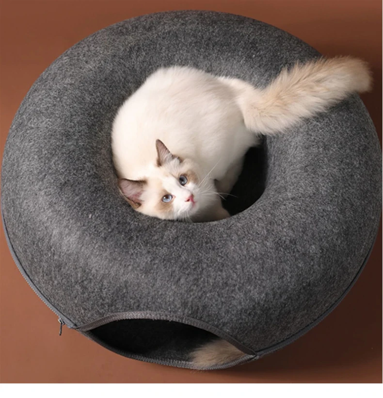 Donut Katze Tunnel Bett Haustiere Haus natürlichen Filz Haustier Katze Höhle interaktives Spielzeug Runde Wolle Filz Haustier Bett Katze Training Spielzeug Katzen haus – Detail 9