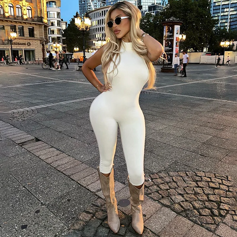 Damski kombinezon bez rękawów z odkrytymi plecami, prążkowany, zapinany na jeden guzik, seksowny, na co dzień, na imprezę, do klubu, na ulicę.