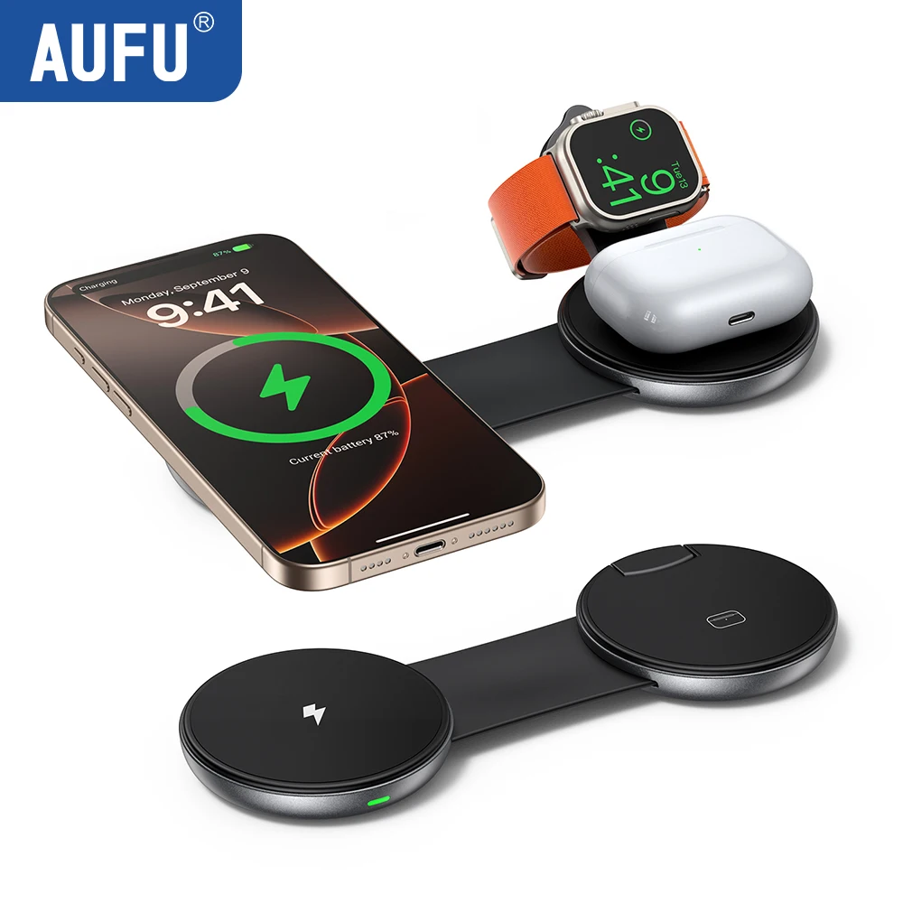 

AUFU Wireless Charger 3 in 1 Foldable Magnetic Wireless Charging Station For iPhone 15 16 AirPods Apple Watch SE 10 Fast Charger
