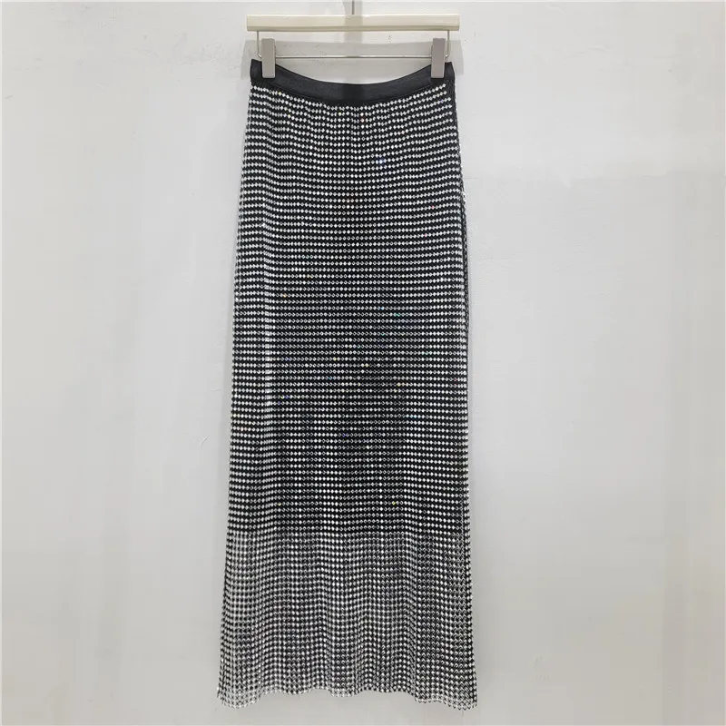 HKSH Women Long Skirt  European Style Stylish Heavy Diamonds Hollow Out Solid Color Trendy High Street A-Line Skirts New HK25612