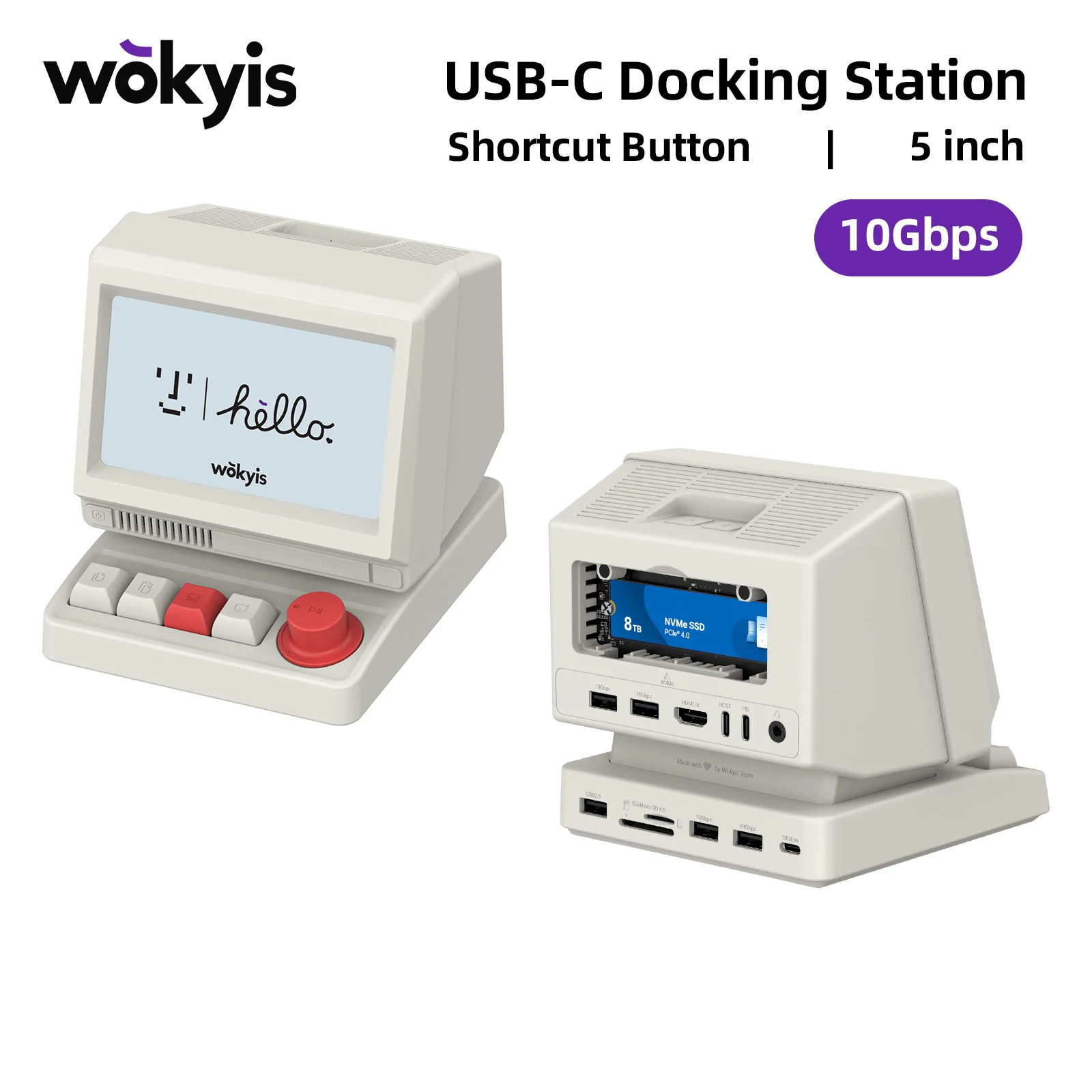 Wokyis 10Gbps USB C Docking Station with M.2 NVMe SSD Enclosure  Shortcut Key Hub 4K HDMI Desktop Controller for Laptop MacBook