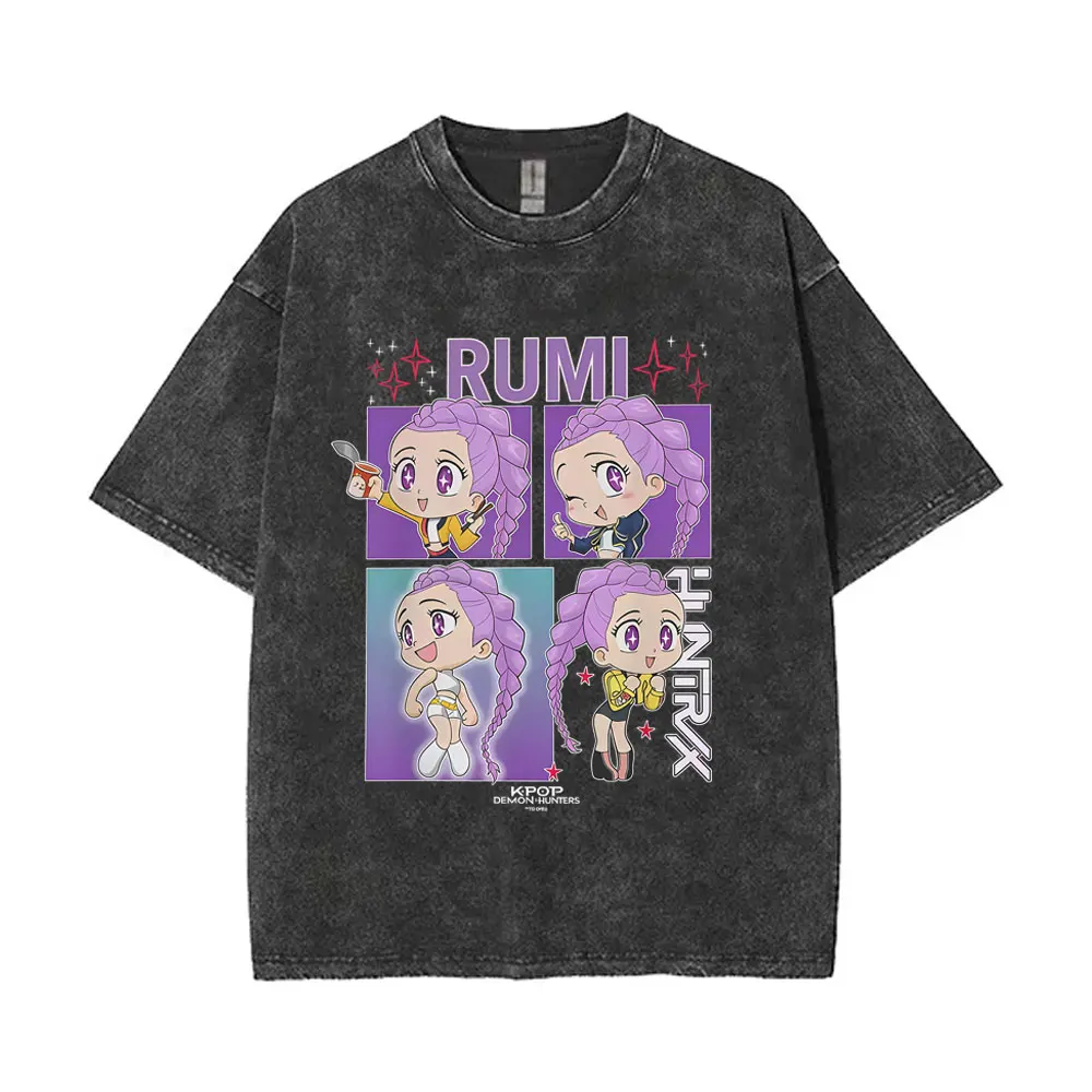 

Washed Vintage Kpop Demon Hunters Graphic T Shirt Rumi Mira Zoey T-shirt Men Women Cartoon Oversized T-shirts Men's Streetwear