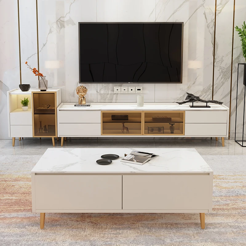 simple rock slab coffee table TV cabinet combination living room marble pattern light luxury large and small apartment te