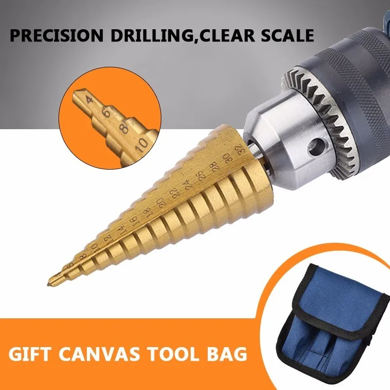 FTGT-3Pc Hss Step Cone Taper Drill Bit Set Hole Cutter Metric 4-12/20/32Mm 1/4 Inch Titanium Coated Metal Hex Bits