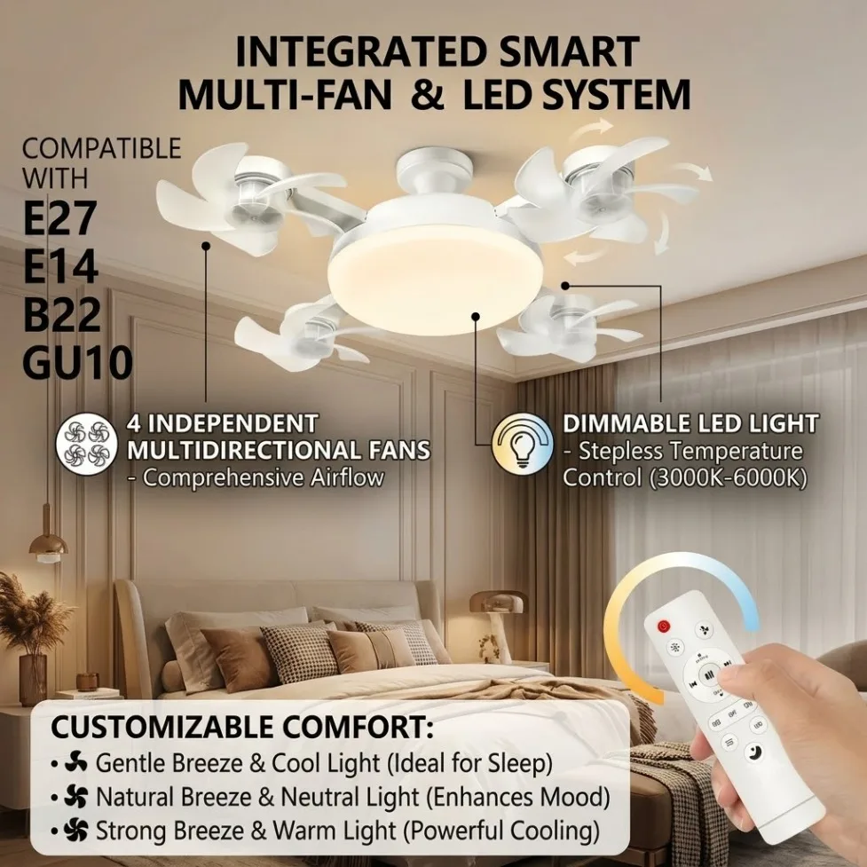 3/4 Heads Rotatable Ceiling Fan Light  Drone Style E27 E14 B22 GU10 Three Colors LED Fan Lamp with Remote Control for Bedroom