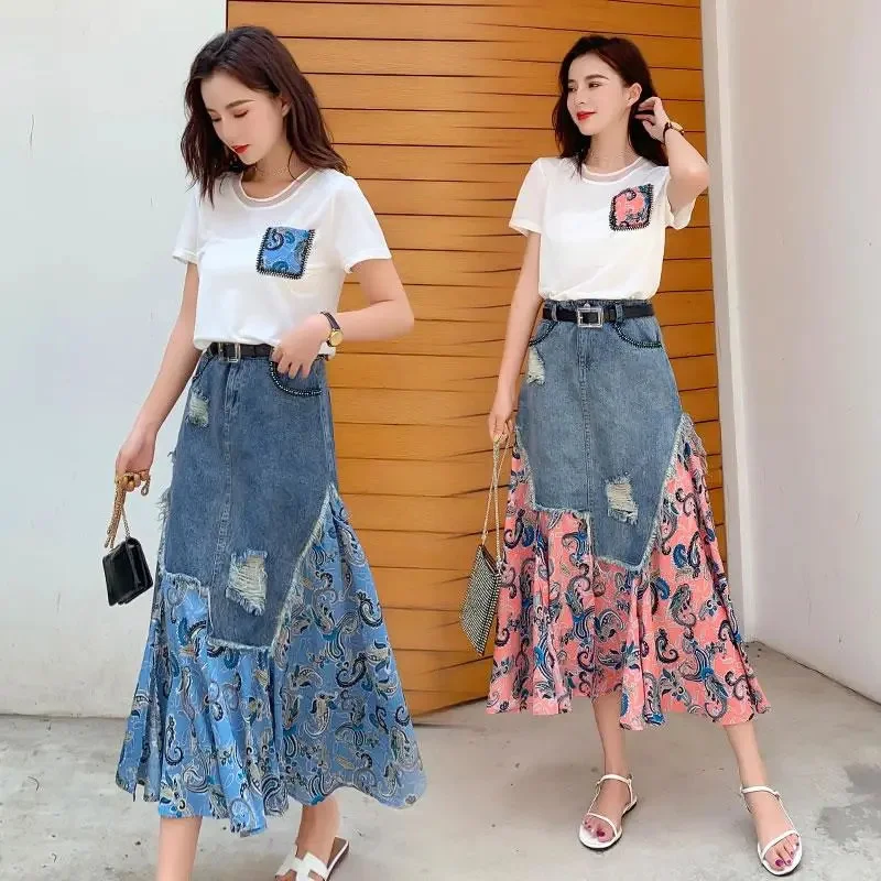 

Spring Summer Casual Mid-Long Denim Skirt 2025 New High-Waisted A Word Skirt Fashion Printed Patchwork Culottes Female Dress