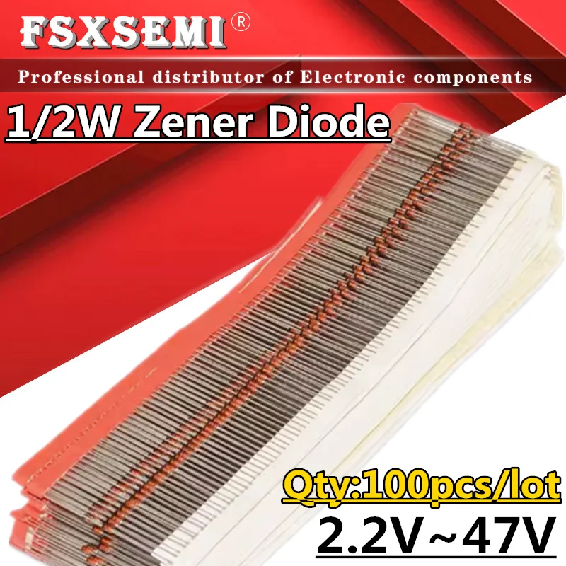 100PCS 1/2W Zener Diode 0.5W 2.2V~47V 3V 3.3V 4.7V 5.1V 6.8V 9.1V 12V 16V 18V 22V 27V 33V 36V 43V BZX55C3V3 BZX55C4V7 BZX55C5V1