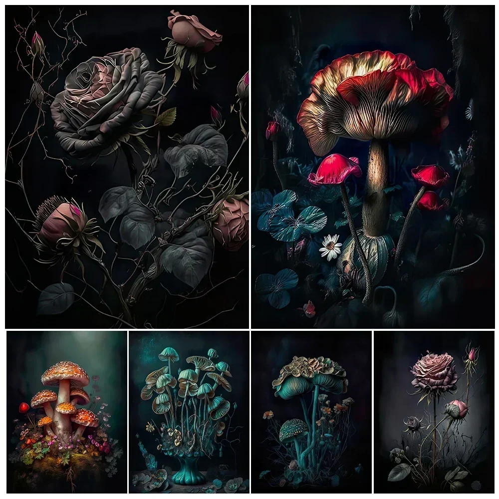 Hongo del bosque oscuro y rosas rosas rosas Vintage, arte de pared impreso, brujería botánica oscura, estampado gótico, decoración para sala de estar