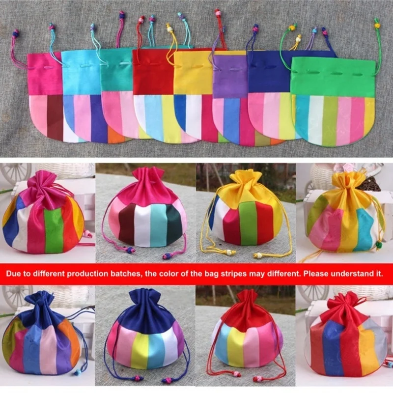 StoBag 10pcs Color Stripe Silk Drawstring Bags Small Gift Jewelry Candy Packaging Storage Pocket Reusable Pouches Decoration