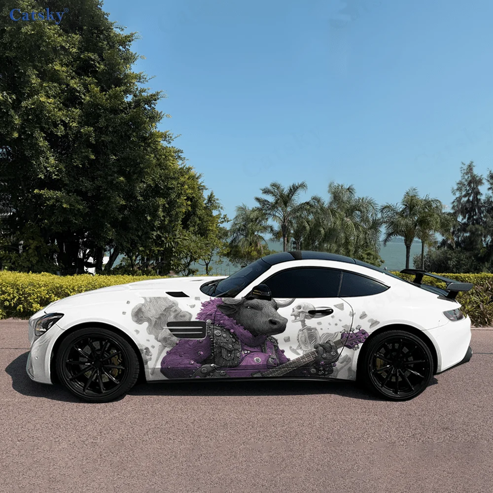 Cattle Personification Guitar Car Vinyl Wraps Decal Selfadhesive PVC Sticker Suitable for Trucks SUV Decor Auto Accessories Gift