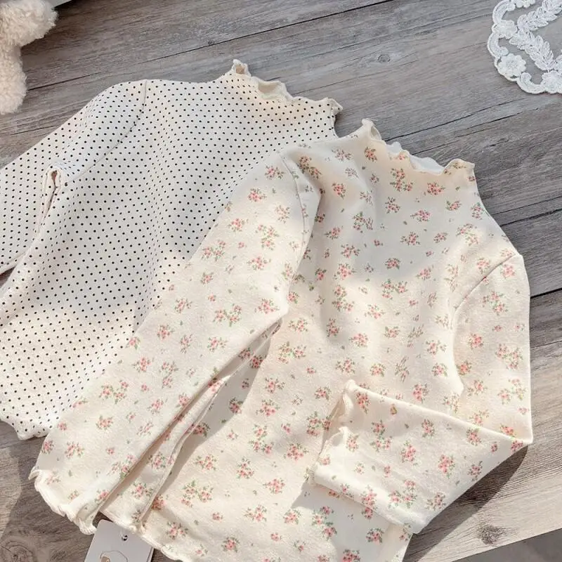 Girls' T-Shirt Spring and Autumn 2025 New Children's Long Sleeve with Middle Collar and Floral Bottom Fashion Clothing Jacket