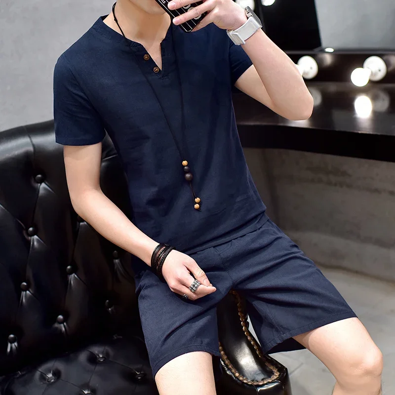 Summer Linen Short Sleeved Comfortable T-shirt for Men's Solid Color V-neck Chinese Style Fashion Casual Set