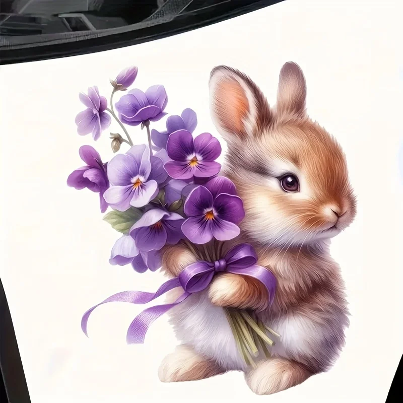 Cartoon Easter Bunny Vinyl Sticker Self-Adhesive with Purple Flowers And Leaves for Cars Laptops Bottles And Trucks Q68