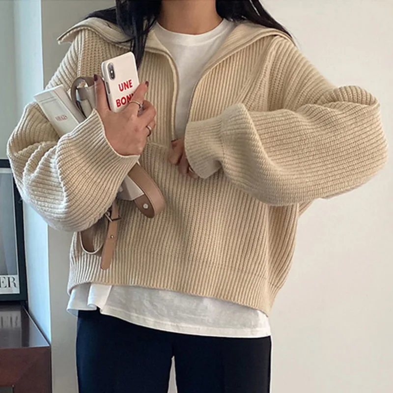 Chic paresseux Sle fermeture éclair rayé Design bulle ample Sve pull tricoté pour les femmes trajet Sle Long Sve couleur Pure