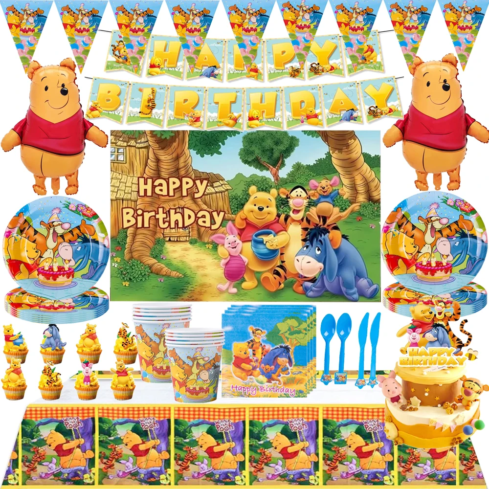 Disney Winnie The Pooh Birthday Party Decoration Tableware Set Bear Banner Balloon Candy Box Plate Kid Baby Shower Party Supplie