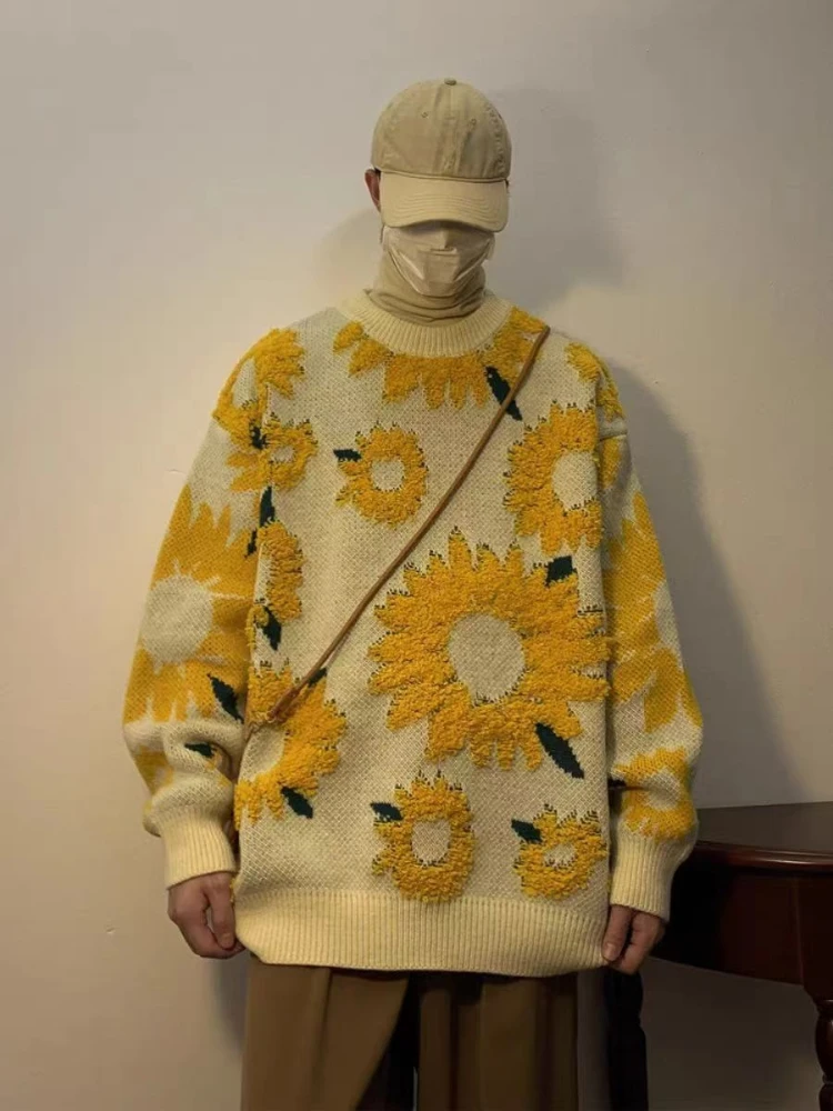 

Свободный трикотаж с цветочным узором, теплый корейский стиль, толстый мужской вязаный свитер с длинными рукавами, новый свитшот, модные эстетические пуловеры для мужчин