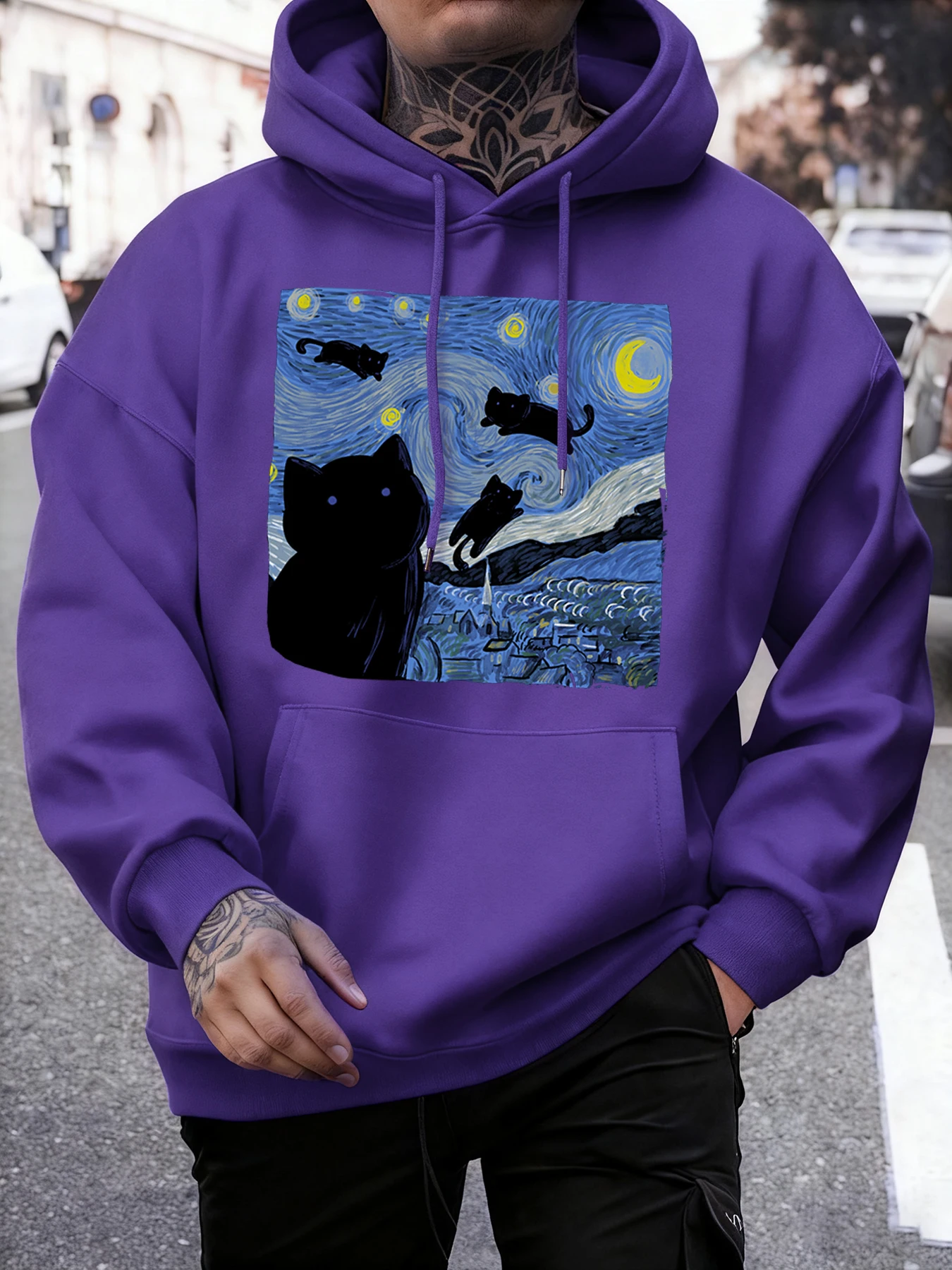 Die Katze hat im Sternenhimmel eingetroffen. Malerei Herren Sweatshirt Mode Hoodies Lose Pullover Fleece Herbst Unisex Kleidung