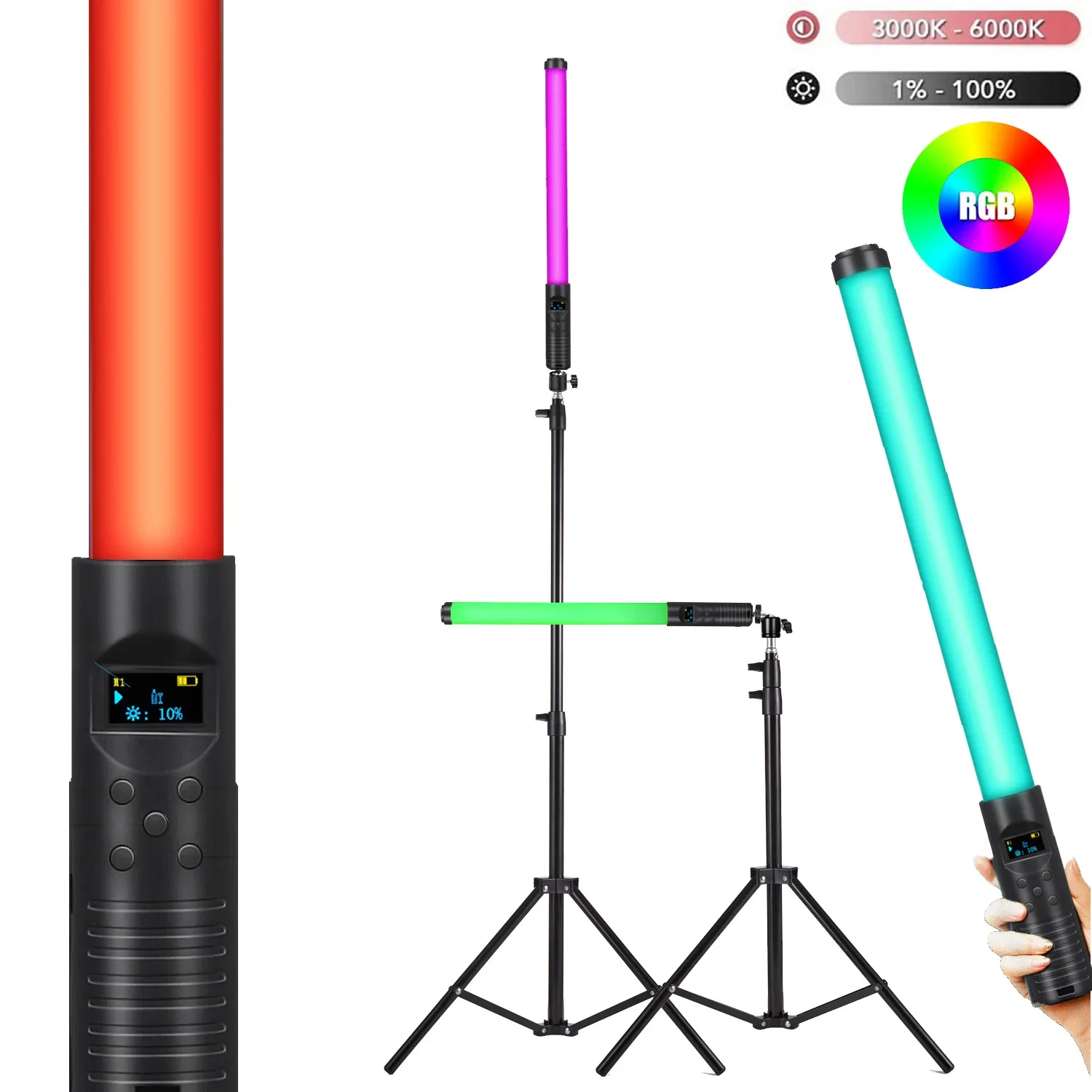 Varita de luz LED de mano RGB de 50cm y 20 ", luz de fotografía con batería recargable integrada, trípode de 79", Control remoto