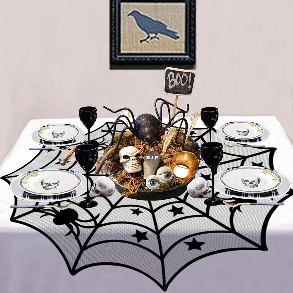 Decor Tafelkleed Opvouwbaar Halloween Anti-kreuk Decondecoraties Polyester Naadloos Spinnenweb Kant Wasbaar