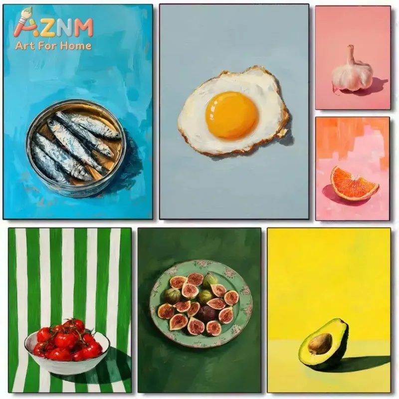 Modern Food Still Life Canvas Wall Art Colorful Fruit Fried Egg Poster Unframed Canvas Painting for Kitchen Dining Room Home