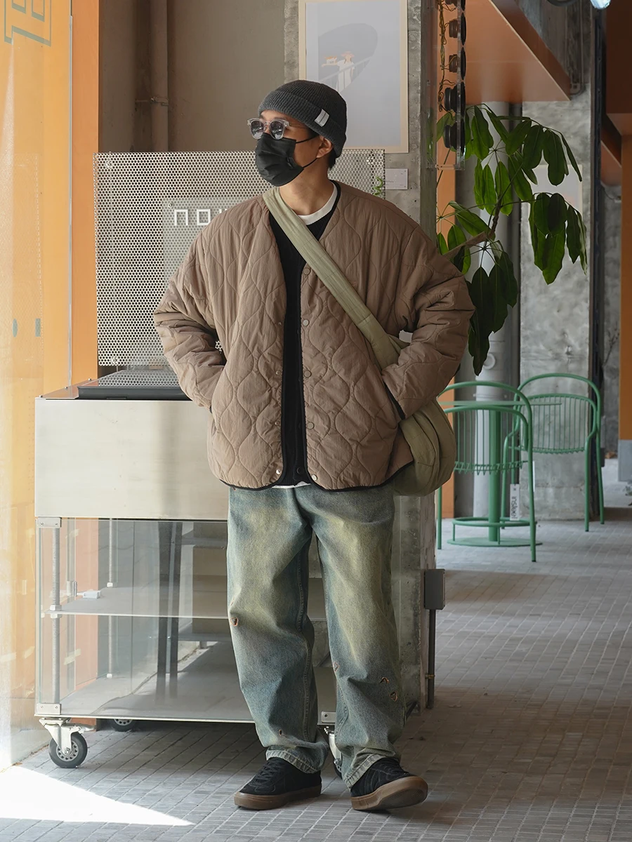 

Retro Japanese Sle Diamond Patterned Loose Fit Men's Cotton Jaet Warm y Coat Long Sve Casual Cleanfit Button up