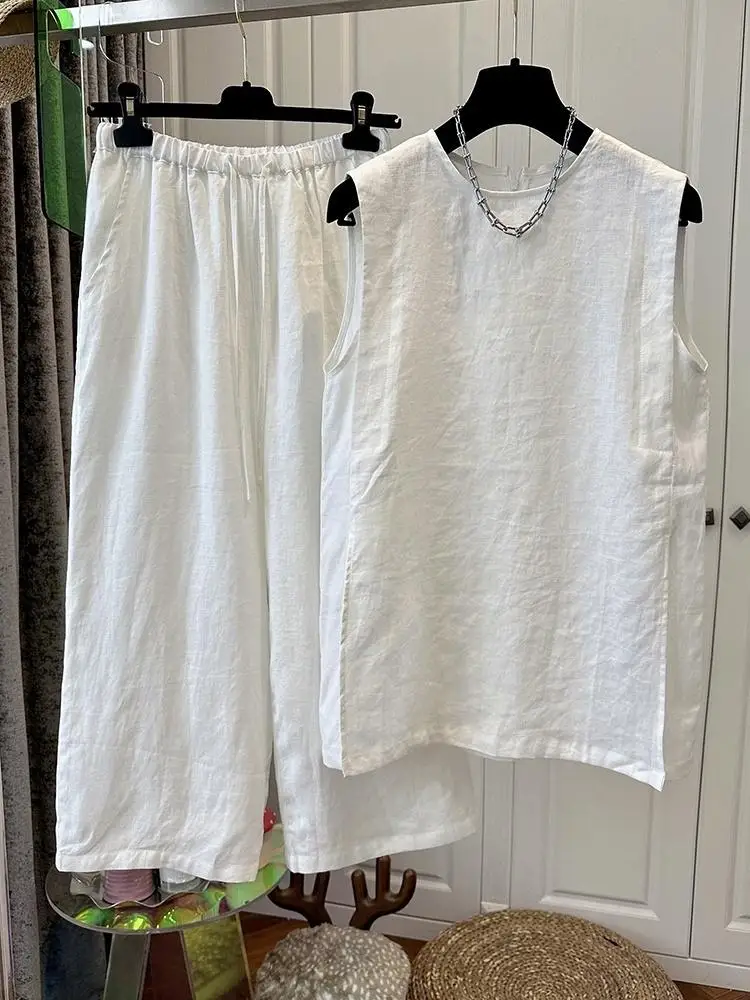 SuperAen 2025 Summer New Thin Navy Blue Sleeveless Pullover Vest Temperament Simple Loose Wide-leg Pants Fashion Two Pieces Sets