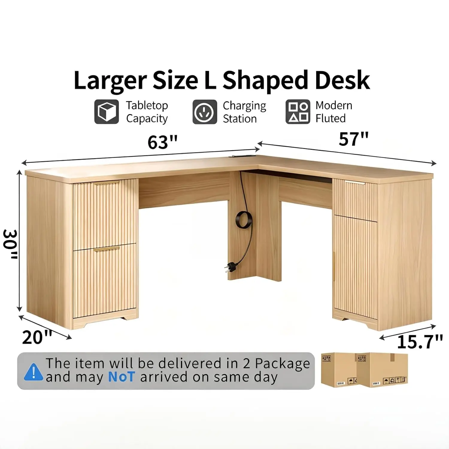 L Shaped Executive Desk with Drawers, 63in Oak Home Office Computer Desk with Keyboard Tray, Charging Station, Customized