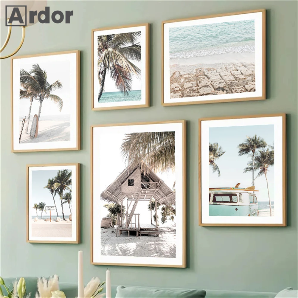 

Beach Palm Leaf Swing Canvas Poster Coconut Tree Surfboard Print Pictures Sea Wave Wall Art Painting Nordic Posters Home Decor