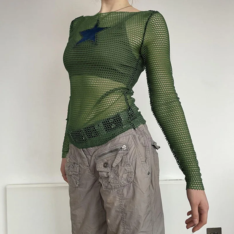 Rapcopter y2k Star Smock Top Holes Net Full Sleeve Crop Top Women Streetwear Fashion Sexy See Through Tee Grunge Aesthetic Tee