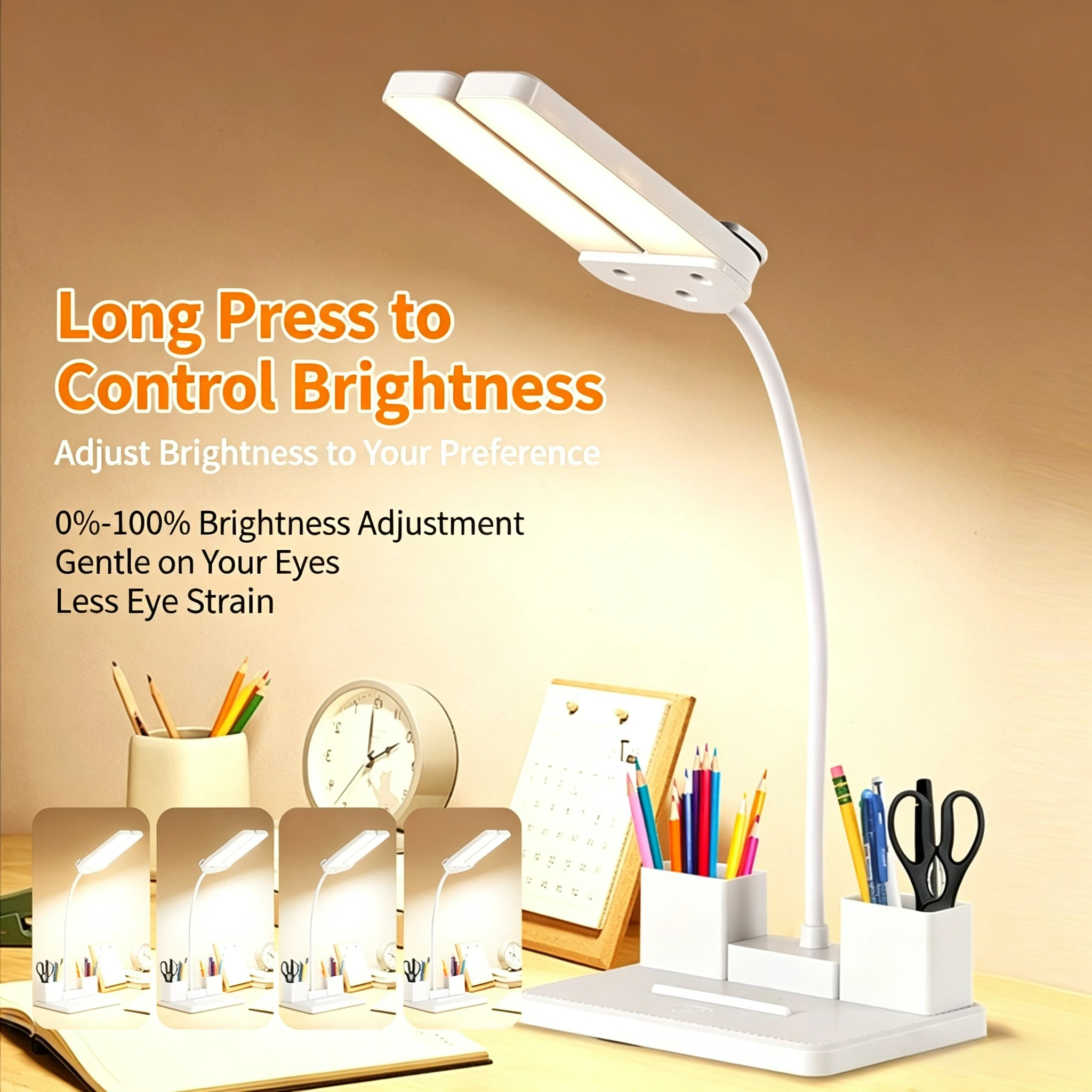 Dual Head LED Desk Lamp Touch Dimming USB Charging Pen Holder Organizer Eye-Caring Study Light for Office Home School