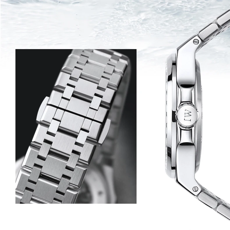 I&W Mens Luxury Watches 42mm Square Automatic Mechanical Wristwatch 50M Waterproof Luminous Steel Strap Crystal Bezel Date Week