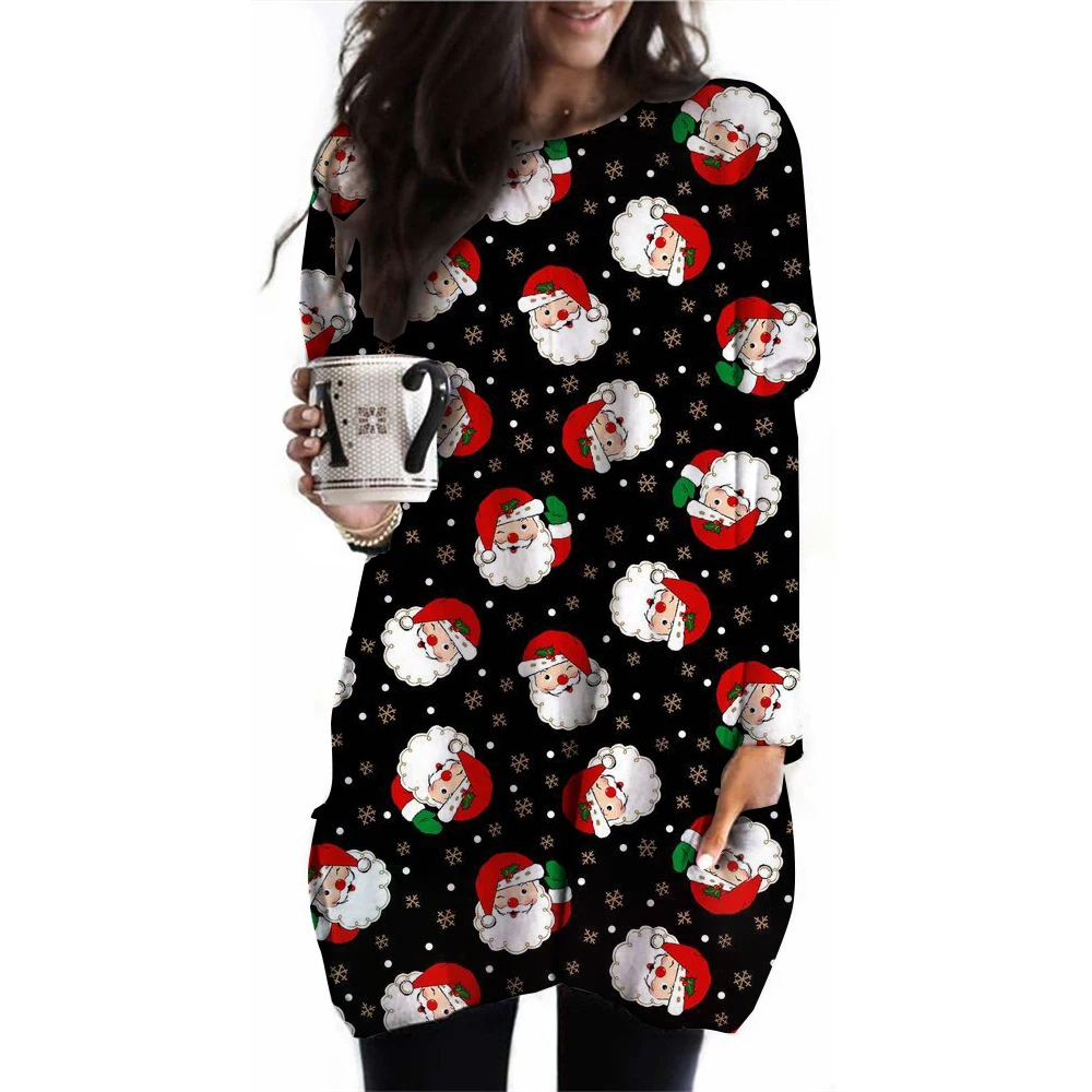

Autumn and winter women's Christmas pullover with Santa Claus print, fashionable and casual Christmas print, women's round neck
