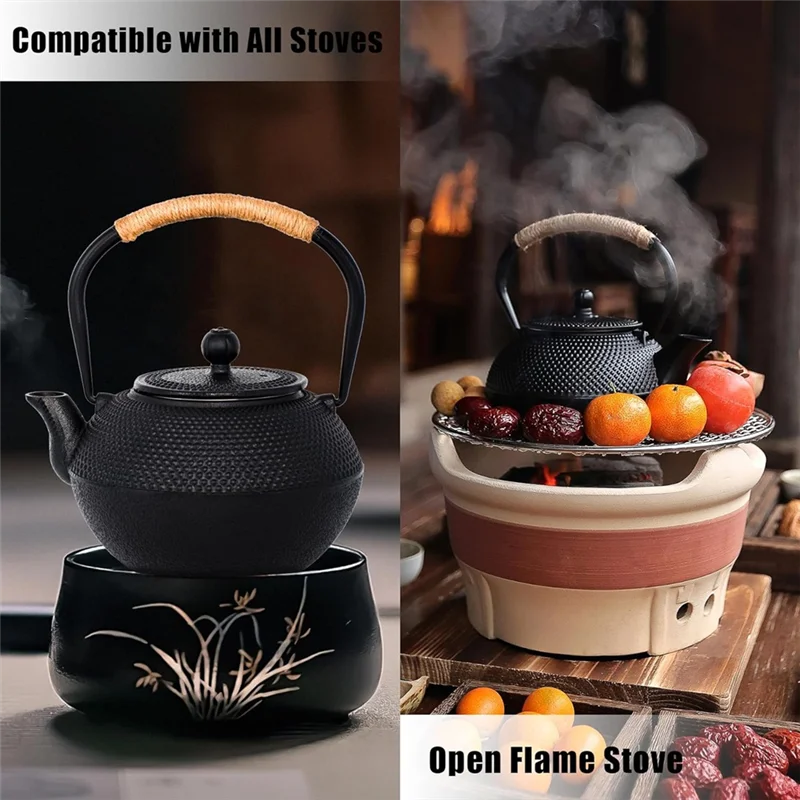 

A23I-Cast Iron Tea Pot - Twine Handle Teapot Kettle With Infuser And Enameled Interior For Stove Top, 1.2L/40 Oz