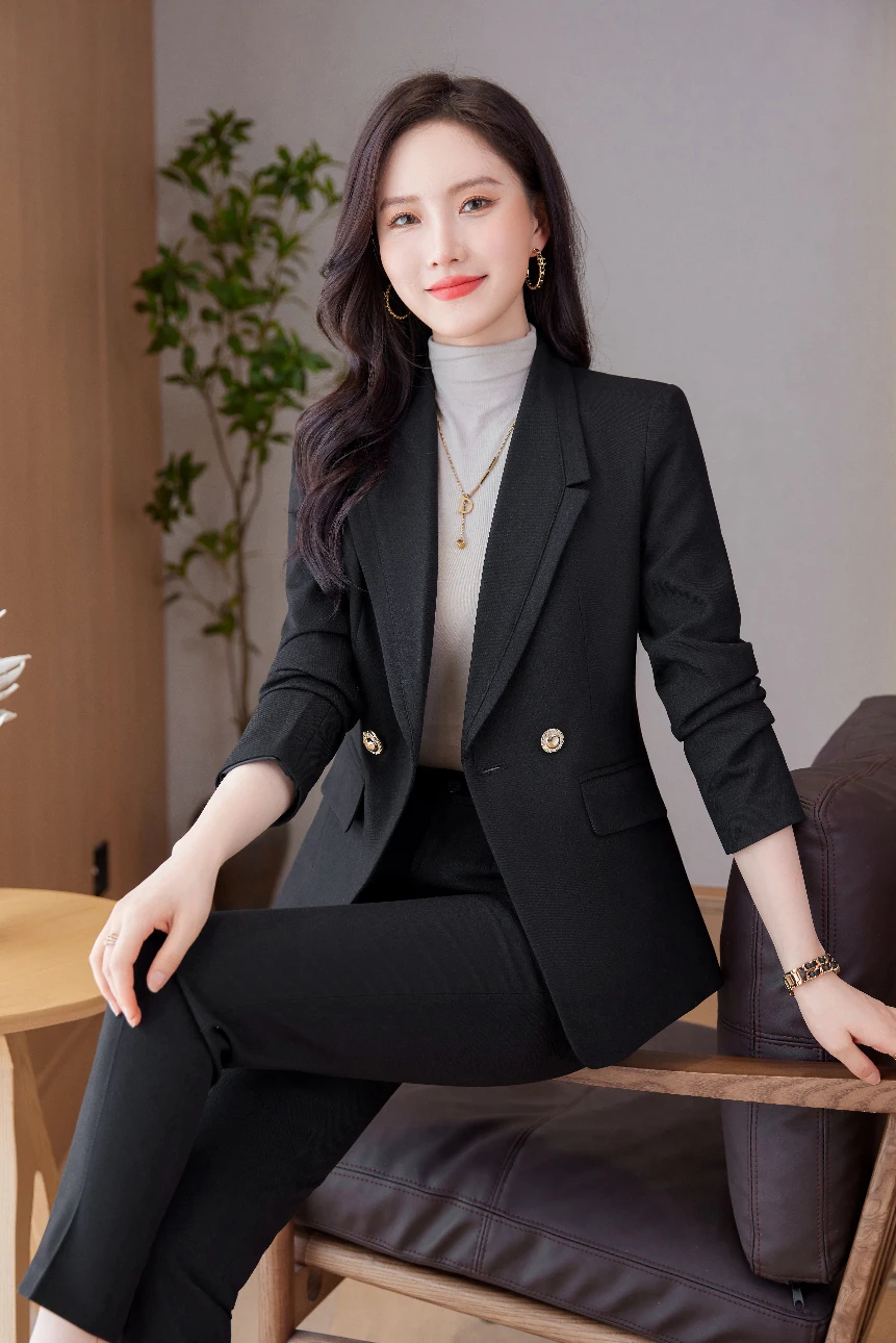 Fashion Professional Women\'s new autumn and winter high-quality long-sleeved suits and trouser suits show elegant temperament