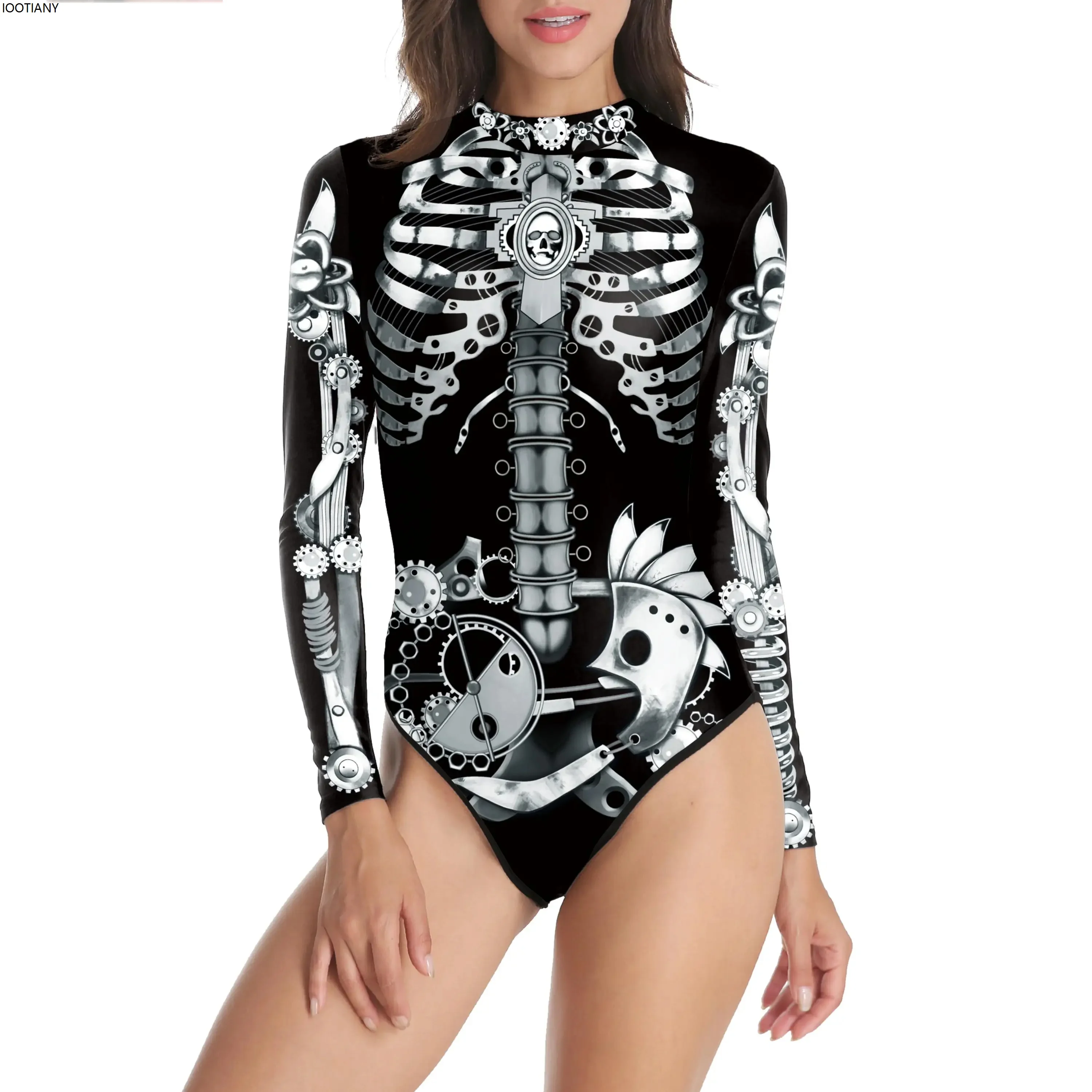 새로운 여성 섹시한 점프 슈트 할로윈 공포 해골 코스프레 수영복 펑크 3D 프린트 긴 소매 수영복 카니발 파티 해변 세트